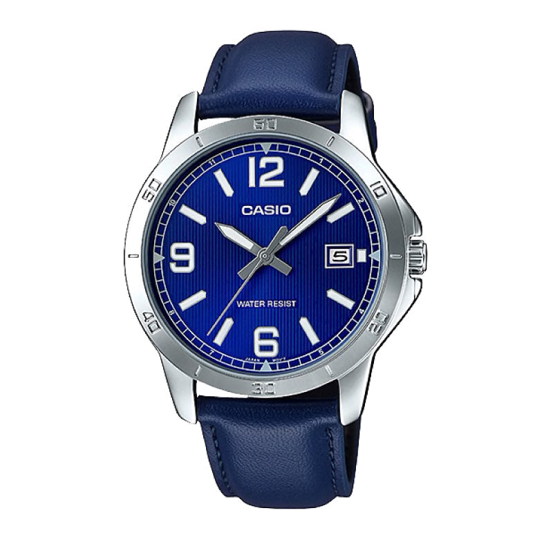 Casio Men's Standard Analog Blue Leather Strap Watch MTPV004L-2B MTP-V004L-2B Watchspree