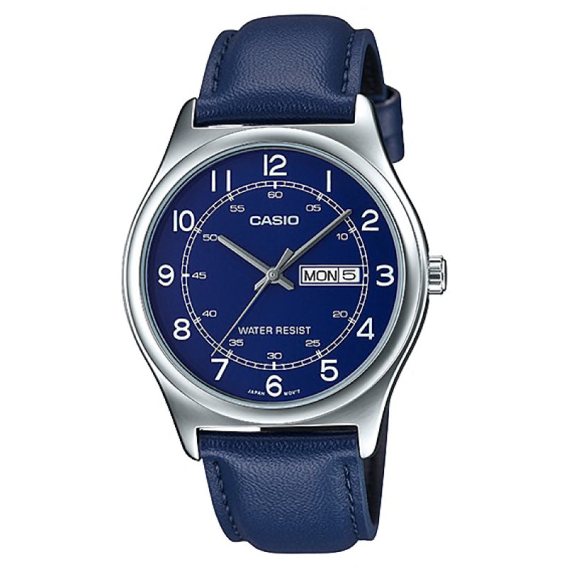 Casio Men's Standard Analog Blue Leather Strap Watch MTPV006L-2B MTP-V006L-2B Watchspree