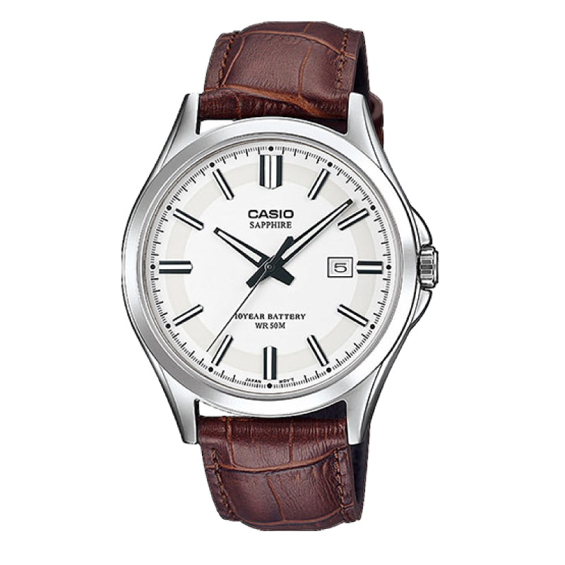 Casio Men's Standard Analog Brown Leather Strap Watch MTS100L-7A MTS-100L-7A Watchspree