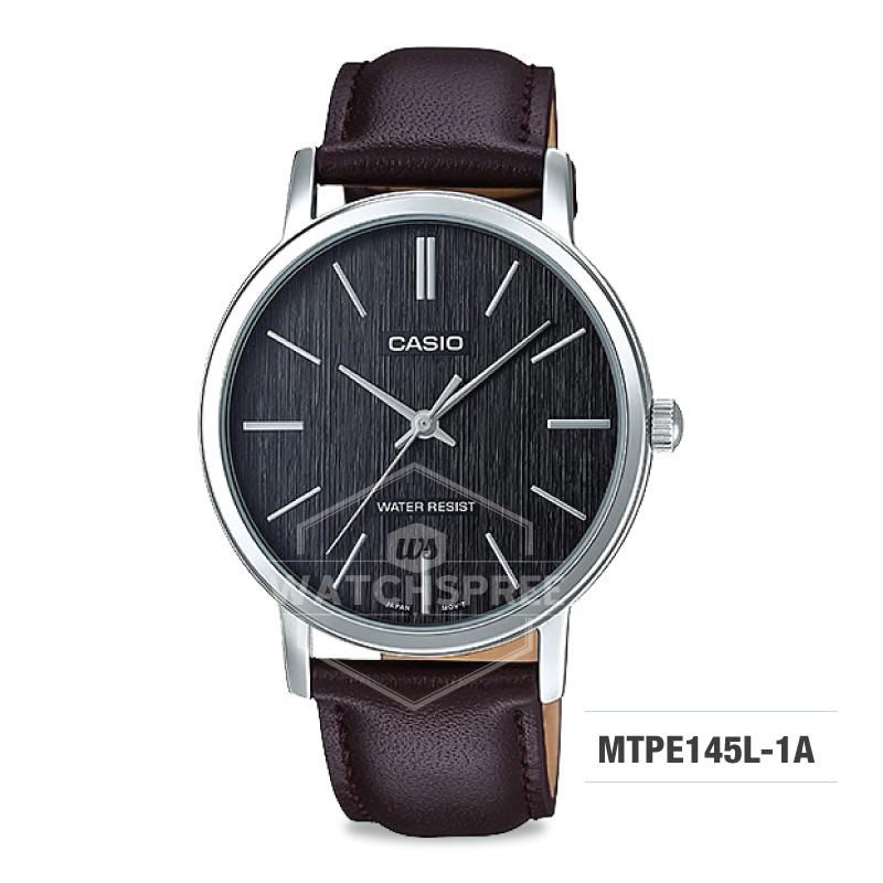 Casio Men's Standard Analog Dark Brown Leather Strap Watch MTPE145L-1A MTP-E145L-1A Watchspree