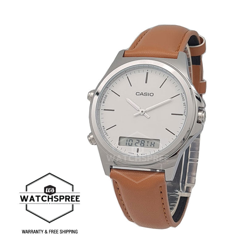 Casio Men's Standard Analog Digital Light Brown Leather Strap Watch MTPVC01L-7E MTP-VC01L-7E Watchspree