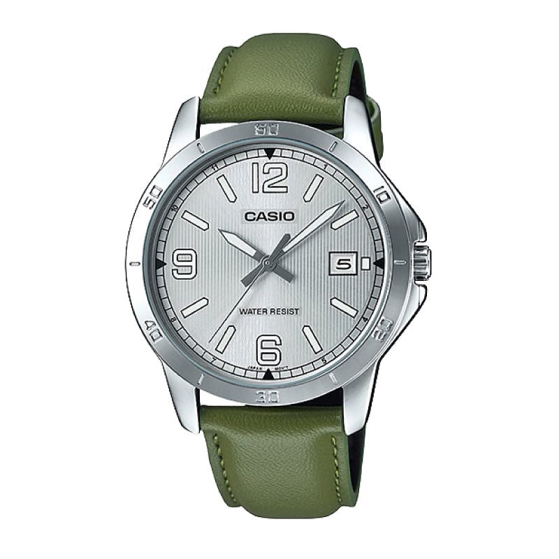Casio Men's Standard Analog Green Leather Strap Watch MTPV004L-3B MTP-V004L-3B Watchspree