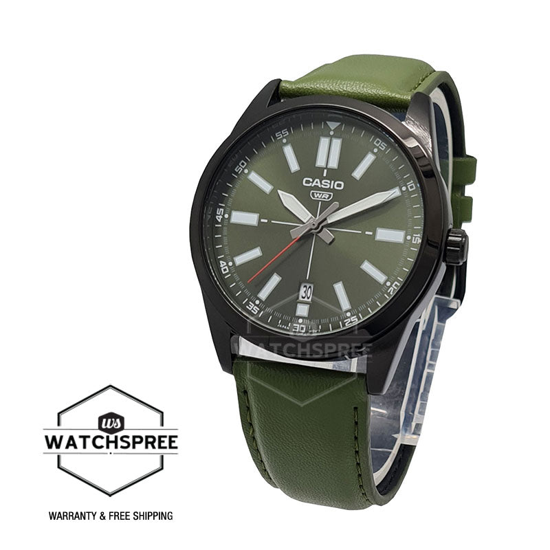 Casio Men's Standard Analog Green Leather Strap Watch MTPVD02BL-3E MTP-VD02BL-3E Watchspree