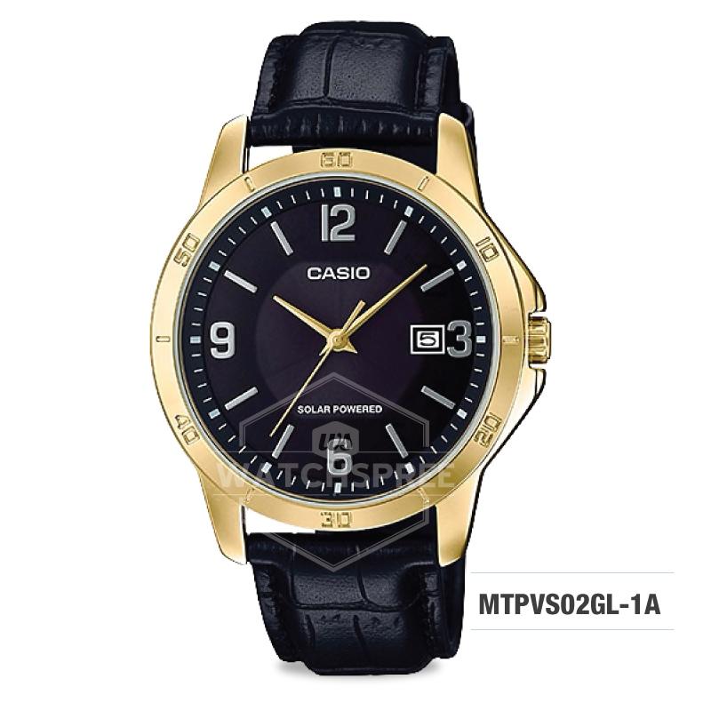 Casio Men's Standard Analog Solar-Powered Black Leather Strap Watch MTPVS02GL-1A MTP-VS02GL-1A Watchspree