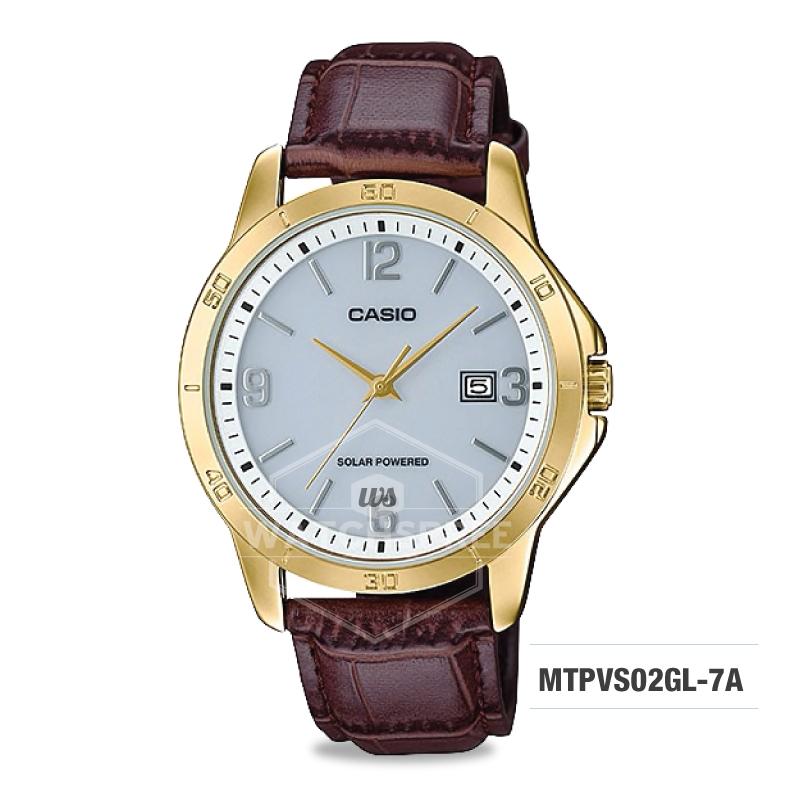 Casio Men's Standard Analog Solar-Powered Dark Brown Leather Strap Watch MTPVS02GL-7A MTP-VS02GL-7A Watchspree