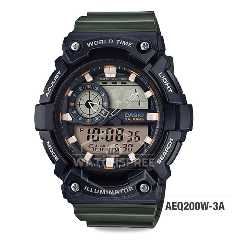 Casio Men's Standard Digital Analog Olive Green Resin Band Watch AEQ200W-3A AEQ-200W-3A Watchspree