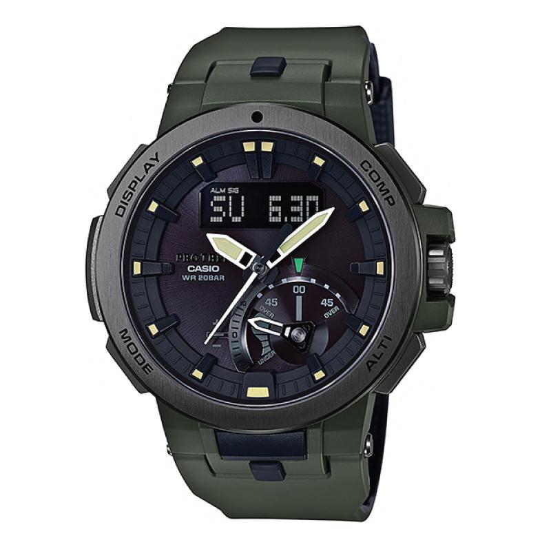 Casio Pro Trek PRW-7000 Series Triple Sensor Version 3 Olive Green Carbon Fiber insert Resin Band Watch PRW7000-3D PRW7000-3D Watchspree