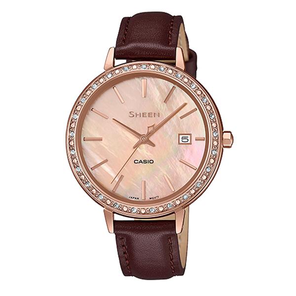 Casio Sheen 3-Hand Analog with Swarovski¨ Crystals Dark Brown Genuine Leather Band Watch SHE4052PGL-4A SHE-4052PGL-4A