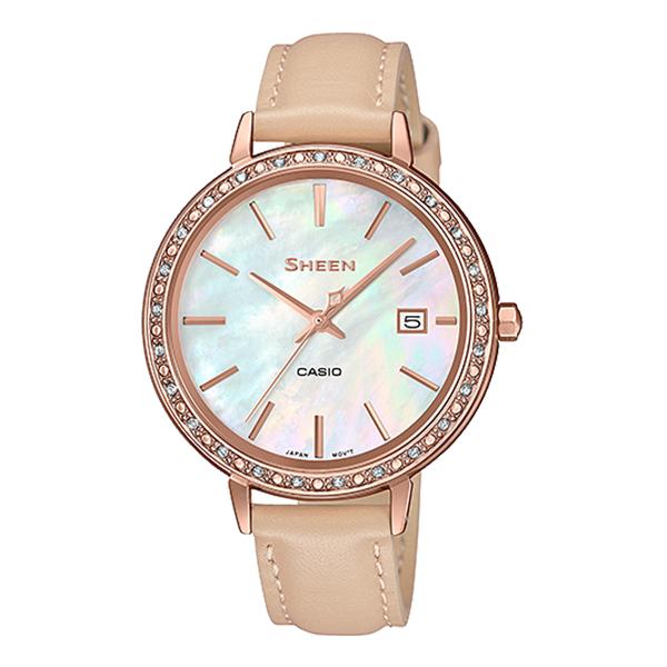 Casio Sheen 3-Hand Analog with Swarovski¨ Crystals Light Brown Genuine Leather Band Watch SHE4052PGL-7B SHE-4052PGL-7B