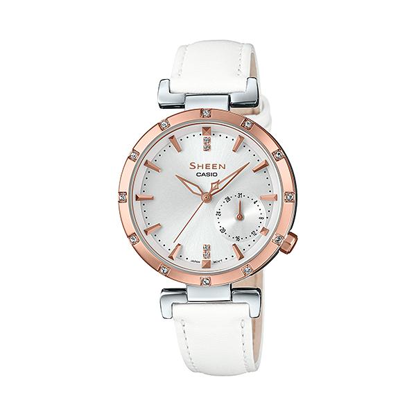 Casio Sheen 3-Hand Analog with Swarovski¶ôÇïÇ?ǯ Crystals White Leather Strap Watch SHE4051PGL-7A SHE-4051PGL-7A