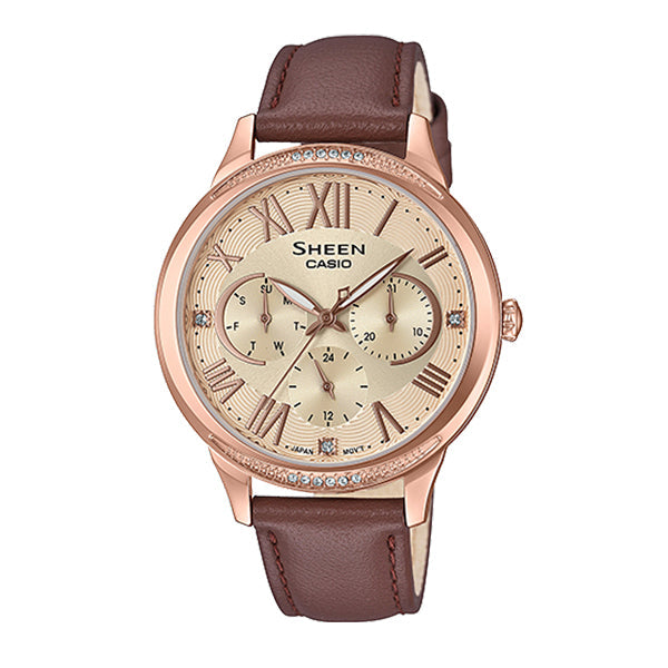 Casio Sheen Color Series with SwarovskiÇ?Çî’??? Crystals Brown Genuine Leather Band Watch SHE3058PGL-9A SHE-3058PGL-9A