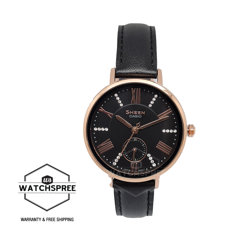 Casio Sheen Design Theme Series Black Leather Strap Watch SHE3066PGL-1A SHE-3066PGL-1A Watchspree