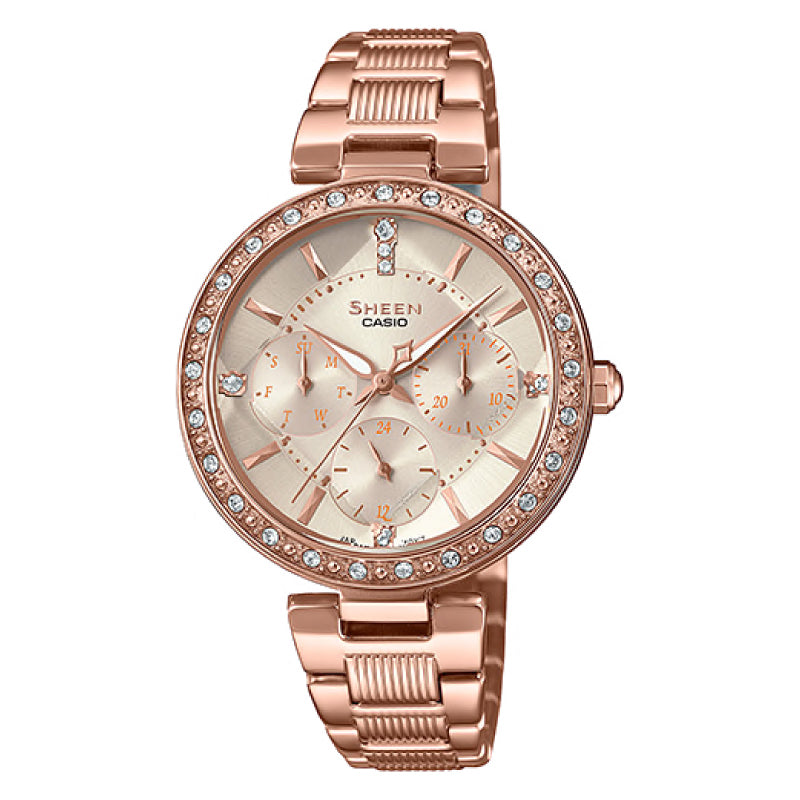Casio Sheen Multi-Hand Series with Swarovski¨ Crystals Pink Gold Ion Plated Stainless Steel Band Watch SHE3068PG-4A SHE-3068PG-4A