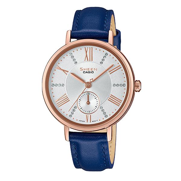 Casio Sheen Multi-Hand Series with Swarovski¨ Crystals Blue Genuine Leather Band Watch SHE3066PGL-7A SHE-3066PGL-7A