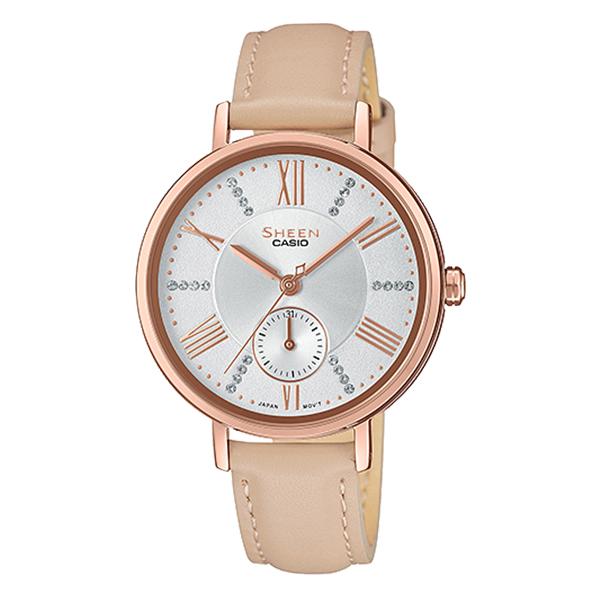 Casio Sheen Multi-Hand Series with Swarovski¨ Crystals Brown Genuine Leather Band Watch SHE3066PGL-7B SHE-3066PGL-7B