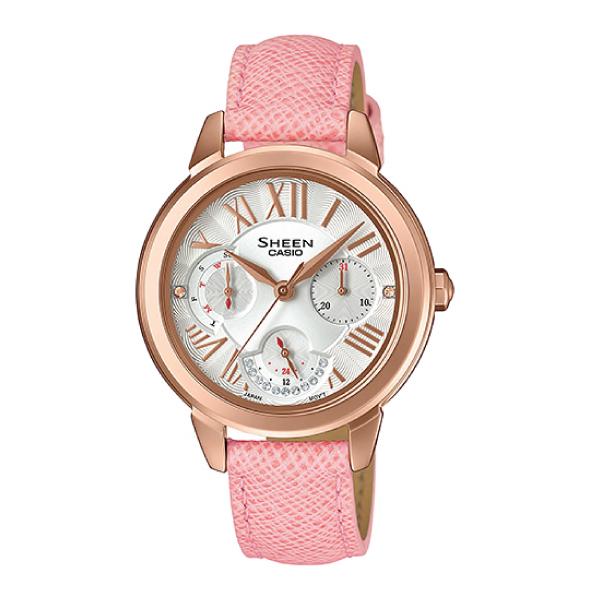 Casio Sheen Multi-Hand with Swarovski‚Äö√†√∂‚àö√°¬¨¬®‚àö√ú Crystals Pink Leather Strap Watch SHE3059PGL-7A SHE-3059PGL-7A Watchspree