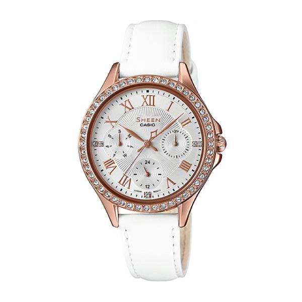 Casio Sheen Multi-Hand with Swarovski‚Äö√†√∂‚àö√°¬¨¬®‚àö√ú Crystals White Leather Strap Watch SHE3062PGL-7A SHE-3062PGL-7A Watchspree