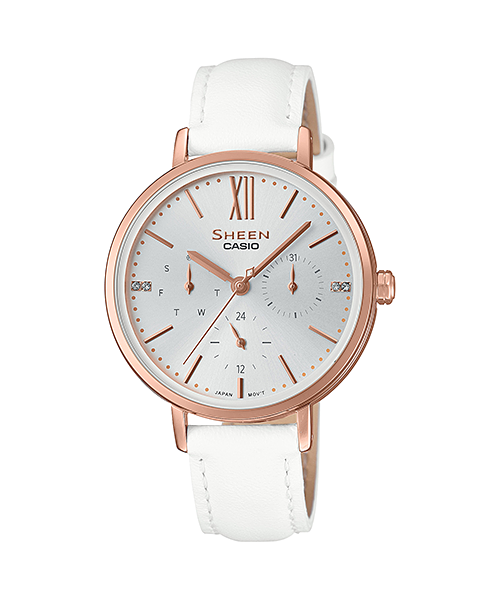 Casio Sheen Multi-Hand with Swarovski¶ôÇïÇ?ǯ Crystals White Leather Strap Watch SHE3064PGL-7A SHE-3064PGL-7A