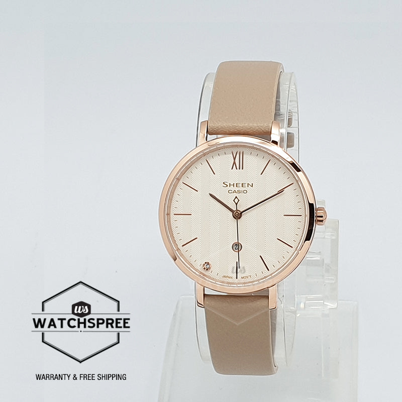Casio Sheen Sapphire Crystal Lineup Slim Case Beige Leather Strap Watch SHE4539CGL-7A SHE-4539CGL-7A Watchspree