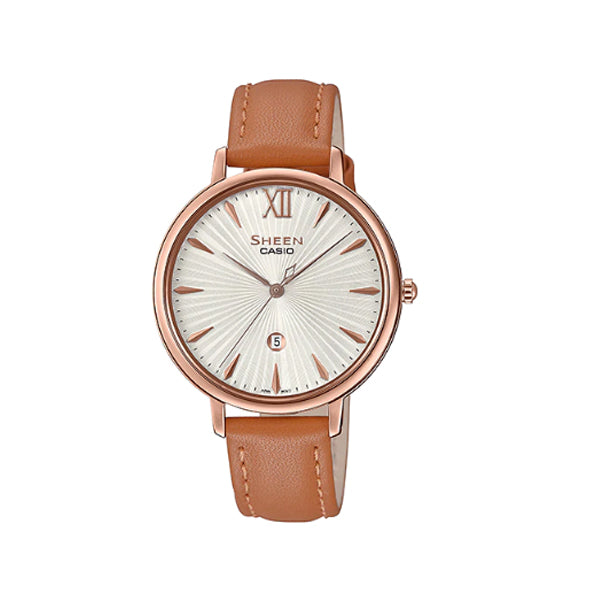Casio Sheen Sapphire Crystal Lineup Slim Case Brown Leather Band Watch SHE4534PGL-7A SHE-4534PGL-7A Watchspree
