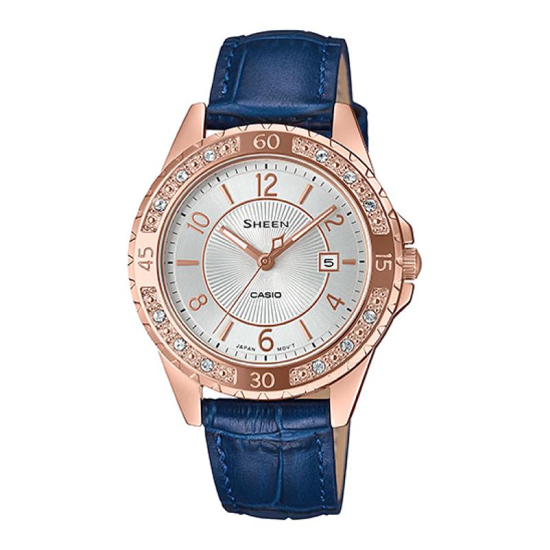Casio Sheen Sapphire Crystal Lineup with Swarovski¨ Crystals Blue Genuine Leather Band Watch SHE4532PGL-7A SHE-4532PGL-7A