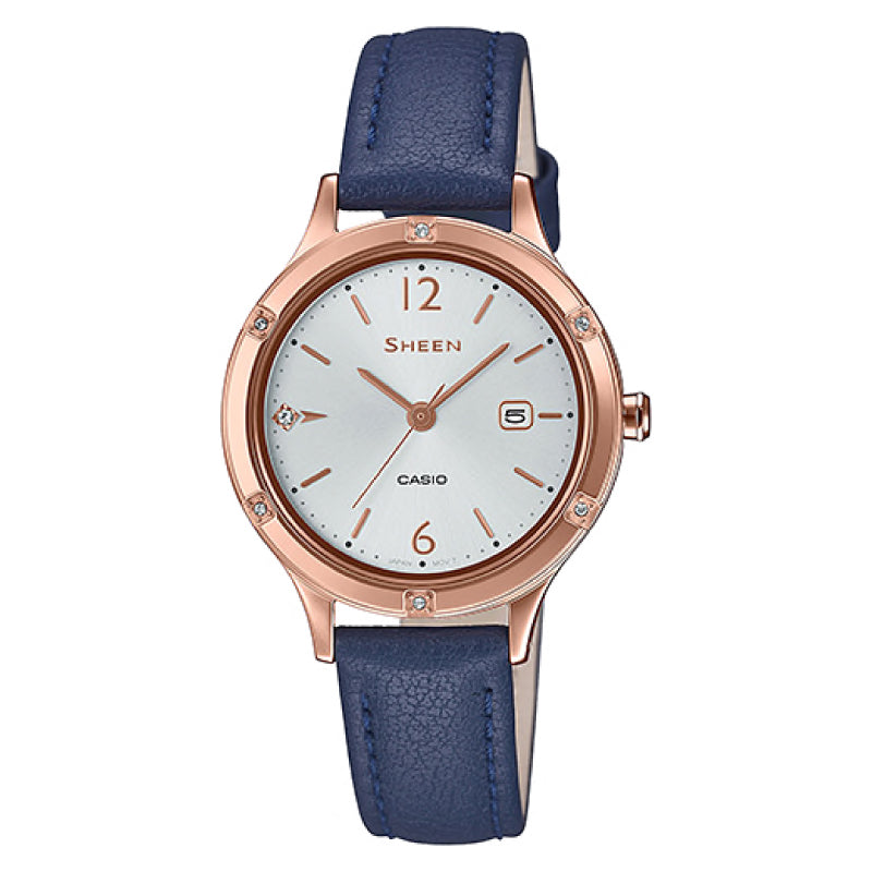 Casio Sheen Sapphire Crystal Lineup with SwarovskiÇ?Çî’??? Crystals Blue Genuine Leather Band Watch SHE4533PGL-7B SHE-4533PGL-7B