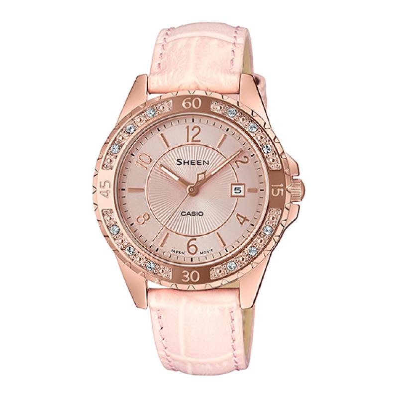Casio Sheen Sapphire Crystal Lineup with Swarovski¨ Crystals Pink Genuine Leather Band Watch SHE4532PGL-4A SHE-4532PGL-4A