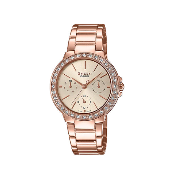 Casio Sheen with Swarovski‚Äö√†√∂‚àö√°¬¨¬®‚àö√ú Crystals Rose Gold Ion Plated Stainless Steel Band Watch SHE3069PG-9A SHE-3069PG-9A Watchspree