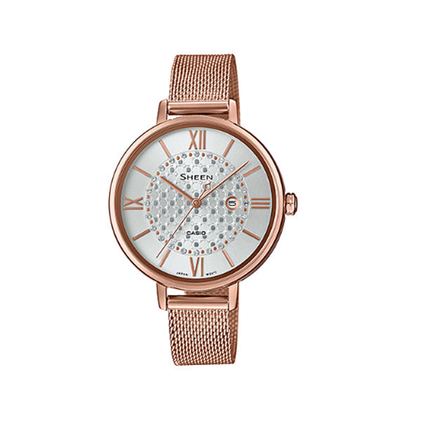Casio Sheen with SwarovskiÇ?Çî’??? Crystals Rose Gold Ion Plated Stainless Steel Mesh Band Watch SHE4059PGM-7A SHE-4059PGM-7A