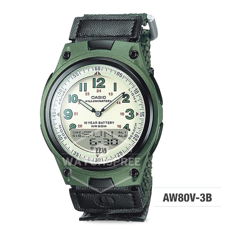 Casio Standard Analog-Digital Green Cloth Band Watch AW80V-3B Watchspree