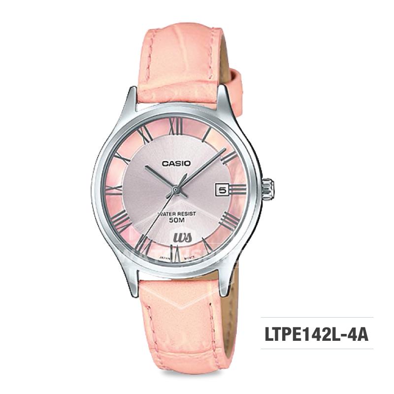 Casio Standard Analog-Ladies Peach Leather Strap Watch LTPE142L-4A Watchspree