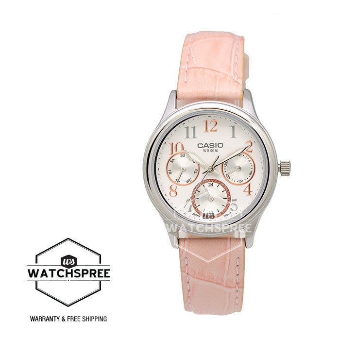 Casio Standard Analog Ladies Peach Leather Strap Watch LTPE306L-4B Watchspree