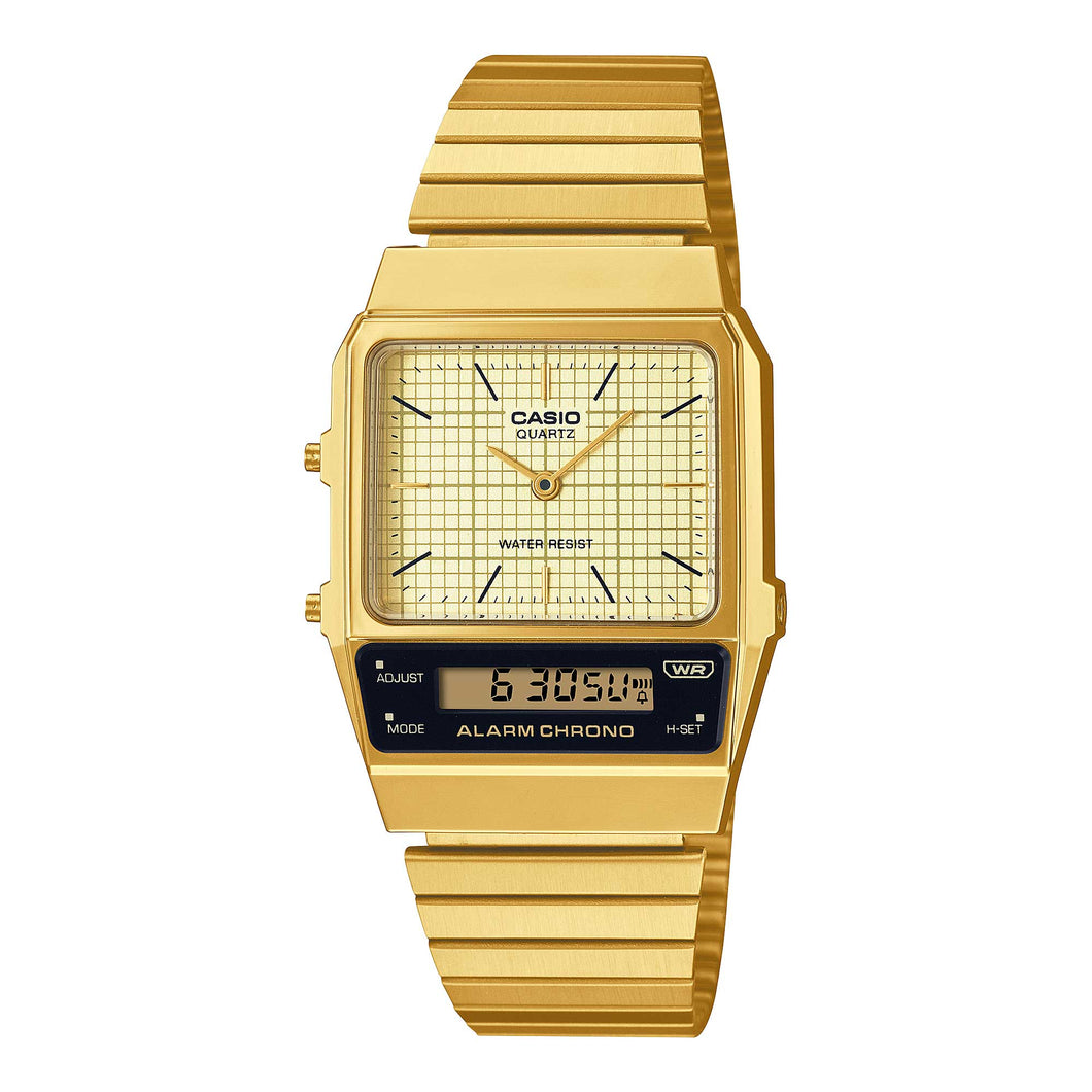 Casio Vintage Style Analog-Digital Dual Time Gold Ion Plated Stainless Steel Band Watch AQ800EG-9A AQ-800EG-9A Watchspree