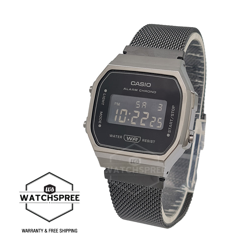 Casio Vintage Style Digital Black Ion Plated Stainless Steel Mesh Band Watch A168WEMB-1B Watchspree