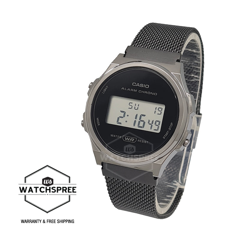 Casio Vintage Style Digital Black Ion Plated Stainless Steel Mesh Band Watch A171WEMB-1A Watchspree