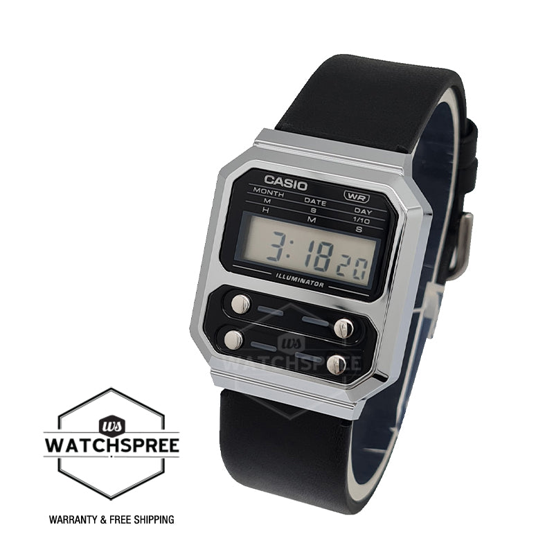 Casio Vintage Style Digital Black Leather Strap Watch A100WEL-1A Watchspree