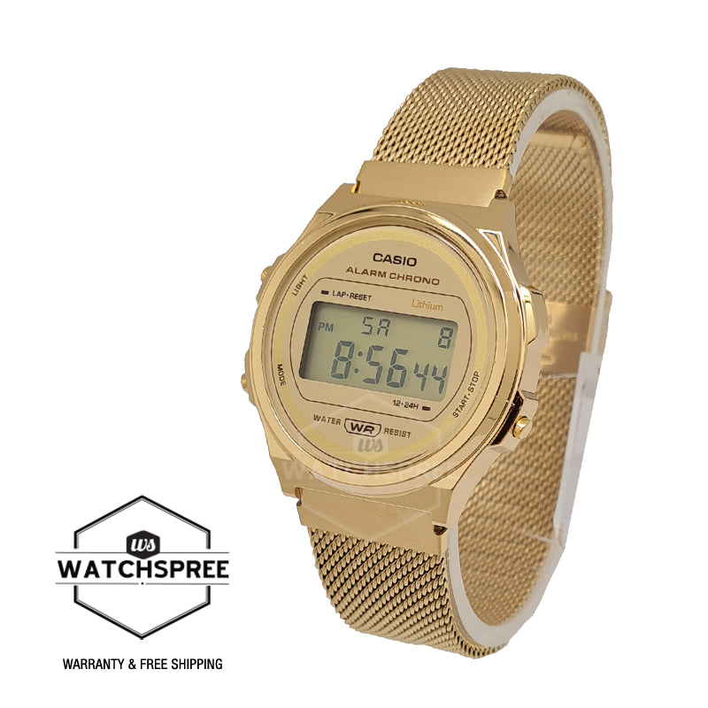 Casio Vintage Style Digital Gold Ion Plated Stainless Steel Mesh Band Watch A171WEMG-9A Watchspree