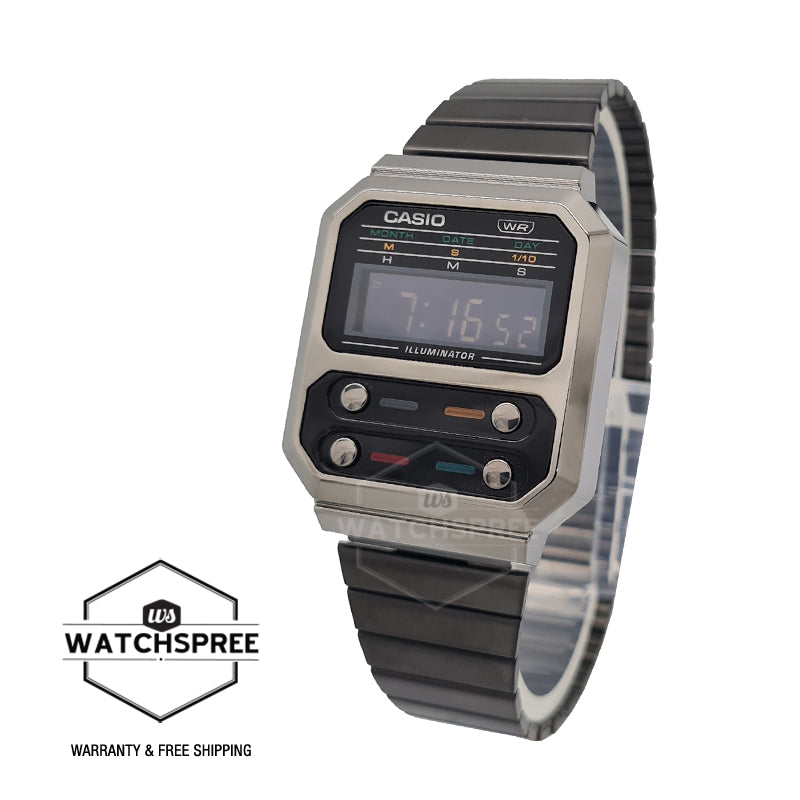 Casio Vintage Style Digital Grey Ion Plated Stainless Steel Band Watch A100WEGG-1A Watchspree