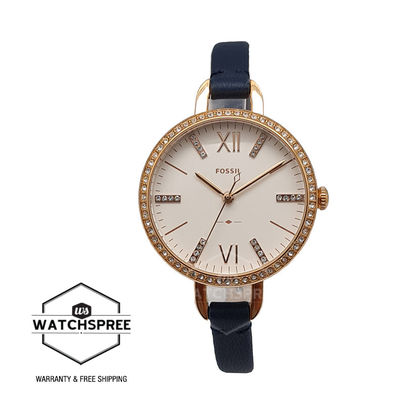 Fossil Ladies' Annette Three-Hand Navy Leather Strap Watch ES4403 Watchspree