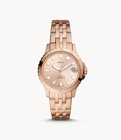 Fossil Ladies' FB-01 Three-Hand Rose Gold Tone Stainless Steel Band Watch ES4748 Watchspree