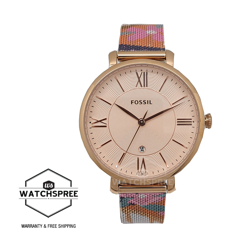 Fossil Ladies' Jacqueline Three-Hand Date Rose Gold-Tone Stainless Steel Mesh Watch ES5170 Watchspree