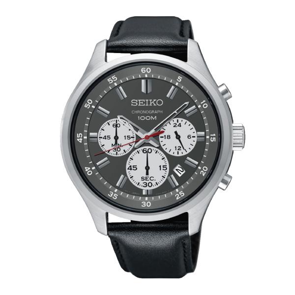 Seiko Chronograph Black Leather Strap Watch SKS595P1