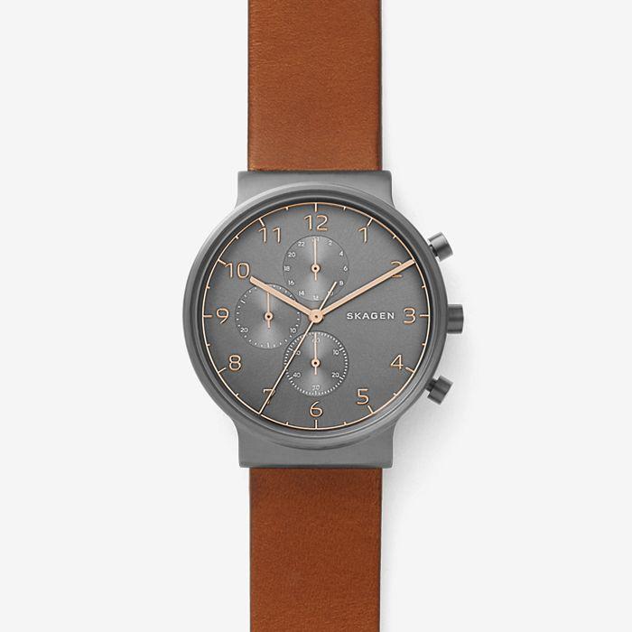 Skagen Men's Ancher Brown Leather Chronograph Watch SKW6418