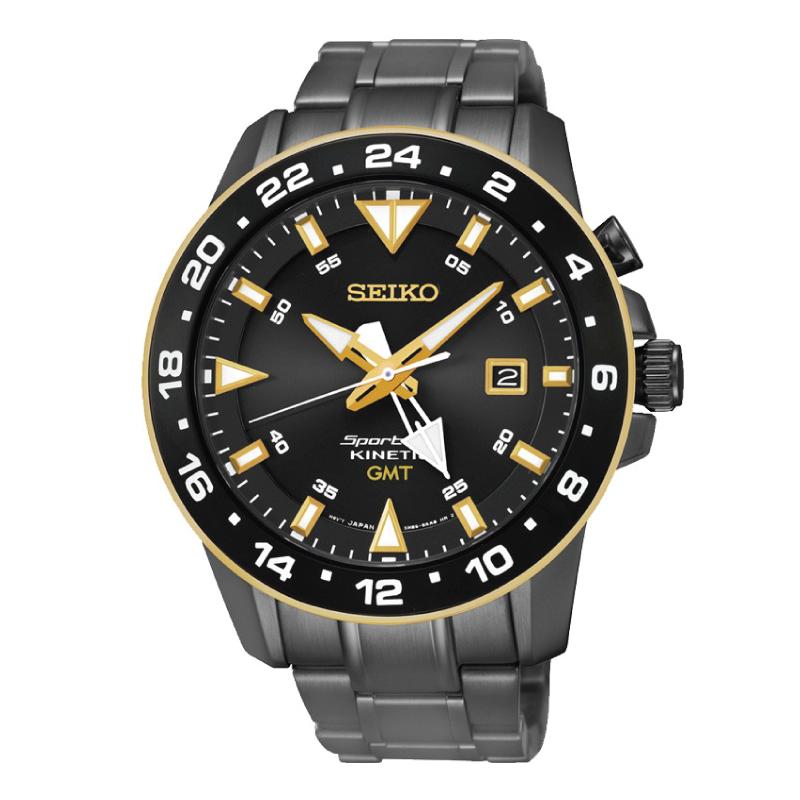 Seiko Sportura Kinetic GMT Black Stainless Steel Band Watch SUN026P1