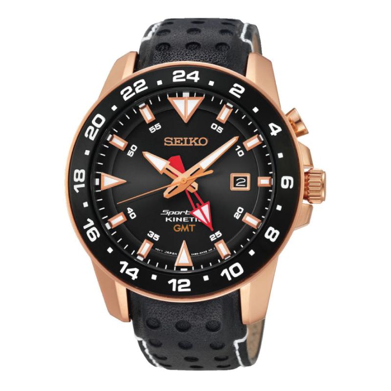 Seiko Sportura Kinetic GMT Black Calfskin Strap Watch SUN028P1